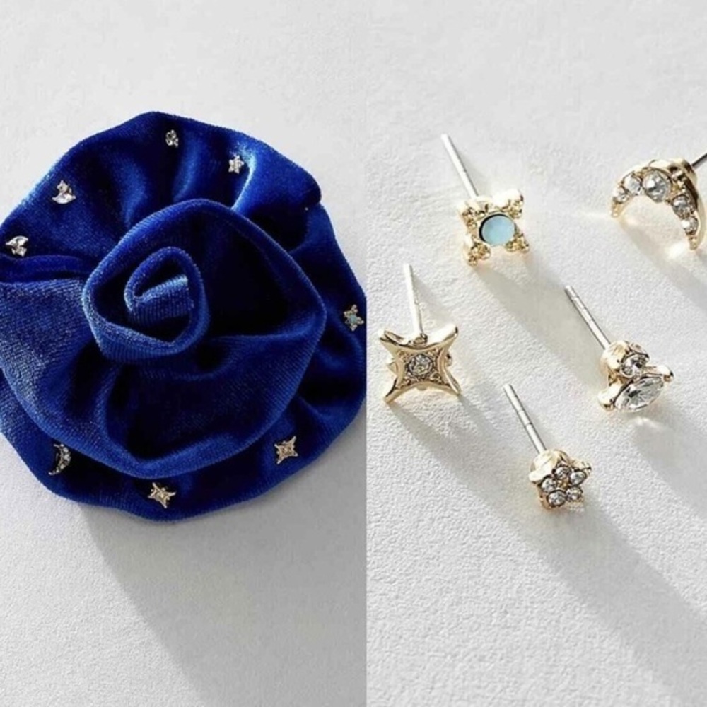 NWT Free People Royal Blue Rosette Stud Earrings Set Pack Brooch Pin Bohemian